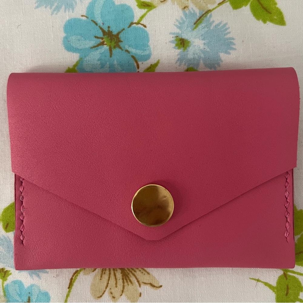 Handmade Genuine Leather Pink Leather Wallet with Gold Button - Picture 2 of 5
